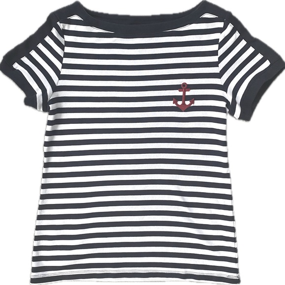 💙 Karen Scott ⚓️ Navy & White Striped Top. Navy Piping w/ Red Anchor ♥️ Size M - Picture 7 of 7
